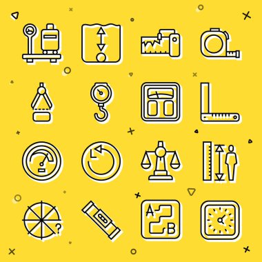 Satır Saat, Ölçme boy gövdesi, köşe cetvel, enstrüman, el ölçeği yay mekaniği, çizim pusulası, bavullu ölçek ve banyo ölçek simgesi. Vektör