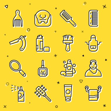 Askıda havlu, berber dükkanında müşteri, berber önlüğü, saç fırçası, tıraş köpüğü, tıraş jölesi, düz tıraş bıçağı, Barrette ve ikon. Vektör