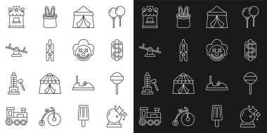 Sihirli top, lolipop, Hotdog sandviçi, sirk çadırı, bilet, tahterevalli, bilet gişesi ve palyaço kafası ikonu. Vektör