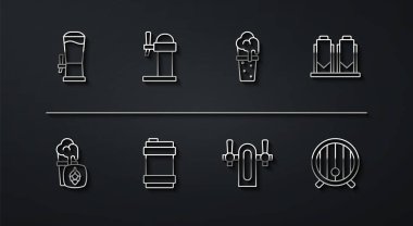 Bira musluğu, bir bardak bira, demleme işlemi, metal fıçı, şeker dağıtıcı, tahta fıçı ve ikon. Vektör