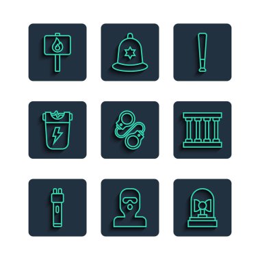 Polis elektrik şoku, Hırsız maskesi, teşhirci sireni, beysbol sopası, kelepçe, Protesto ve Hapishane simgesi. Vektör