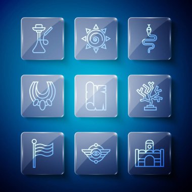 Mısır Bayrağı, Mısır sembolü kanatlı güneş, ev, yılan, papirüs parşömeni, kolye, nargile ve mercan ikonu. Vektör