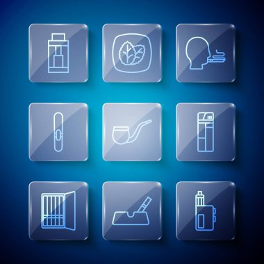 Sıralı sigara tabakası, sigaralı kül tablası, Vape mod cihazı, sigara içen adam, pipo yok ve çakmak ikonu. Vektör