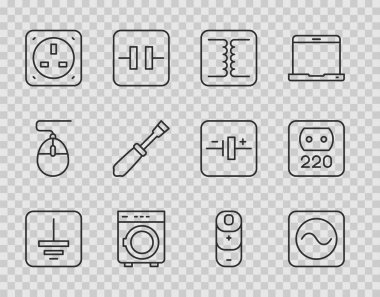 Elektrik sembolü zemin, AC voltaj kaynağı, trafo, conta, tornavida, batarya şarjı ve ikon ayarlayın. Vektör