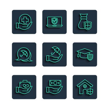 Sıralı seyahat çantası, rozetli para, ev, çanta, şemsiye, hayat sigortası ve mezuniyet şapkası ikonu. Vektör