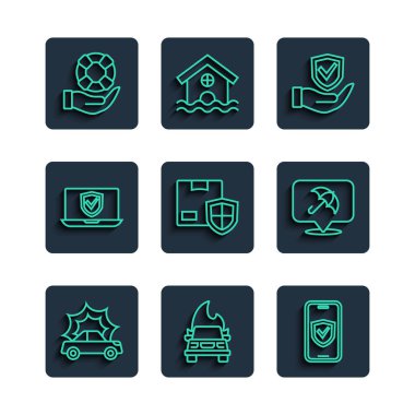 Hat kazası, yanan araba, sigorta çevrimiçi, kalkan eli, kalkanlı teslimat güvenliği, Lifebuoy ve Şemsiye ikonu. Vektör