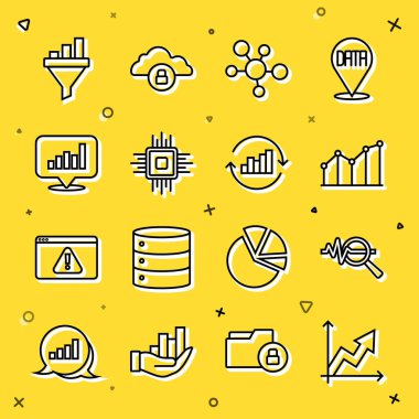 Satır Finansal büyüme, Arama veri analizi, pasta grafiği bilgisi, zihin haritası, işlemci işlemcisi, satış hunisi ve simge. Vektör