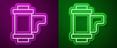 Glowing neon line Camera vintage film roll cartridge icon isolated on purple and green background. 35mm film canister. Filmstrip photographer equipment.  Vector.