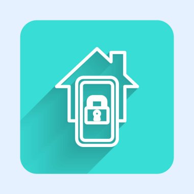 Akıllı ev simgesine sahip beyaz çizgili cep telefonu uzun gölgeli. Uzaktan kumanda. Yeşil kare düğmesi. Vektör.