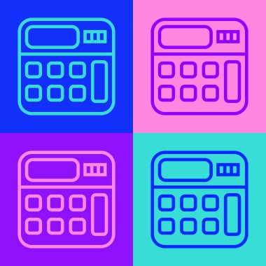 Pop sanat çizgisi hesap makinesi simgesi renk arkaplanında izole edildi. Muhasebe sembolü. İş hesaplamaları matematik eğitimi ve finans. Vektör.