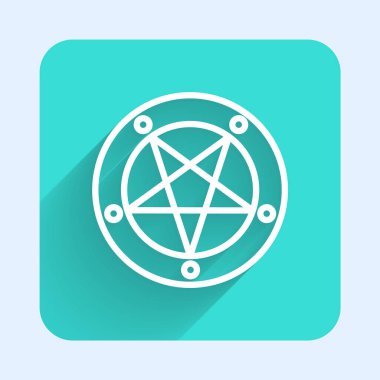 Beyaz çizgi pentagram, uzun gölge arkaplan izole edilmiş bir daire simgesi. Sihirli okült yıldız sembolü. Yeşil kare düğmesi. Vektör