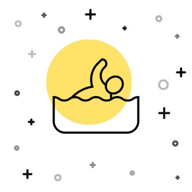 Siyah çizgi yüzücü ikonu beyaz arka planda izole edilmiş. Rastgele dinamik şekiller. Vektör