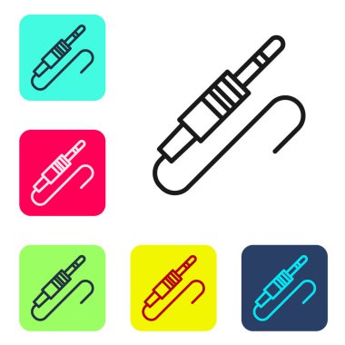 Siyah çizgi ses kriko simgesi beyaz arkaplanda izole edildi. Bağlantı ses ekipmanları için ses kablosu. Fiş kablosu. Müzik aleti. Renkli kare düğmelerle simgeleri ayarla. Vektör