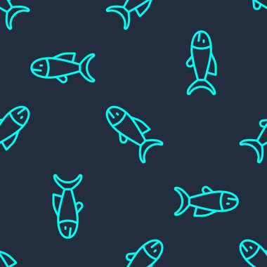 Yeşil çizgi Balık simgesi mavi arkaplandaki kusursuz deseni izole etti. Vektör
