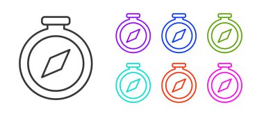 Siyah çizgi pusula simgesi beyaz arkaplanda izole edildi. Rüzgâr yön bulma sembolü. Rüzgar gül işareti. Simgeleri renklendirin. Vektör