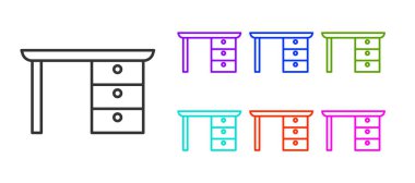Siyah çizgi ofis masa simgesi beyaz arkaplanda izole edildi. Simgeleri renklendirin. Vektör