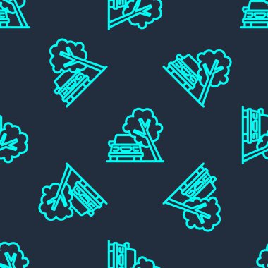 Düşen ağaç simgesinden hasar gören yeşil çizgi arabası mavi arka planda izole edilmiş. Otomobil sigortası davası. Ağaçlı araba kazası, trafik kazası. Vektör