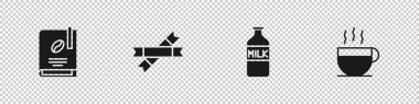 Kahve kitabı, şeker çubuğu paketleri, sütlü ve kupa ikonlu şişe. Vektör.