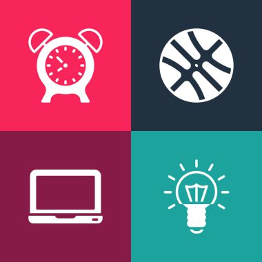 Popüler sanat ampulü, dizüstü bilgisayar, basketbol topu ve alarm saati simgesini ayarla. Vektör