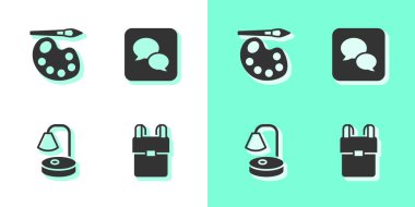 Okul sırt çantası, paletli boya fırçası, masa lambası ve konuşma balonu sohbet simgesi. Vektör