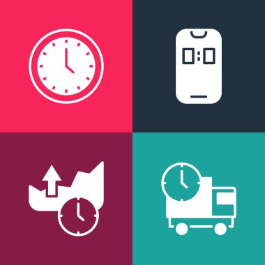 Pop Art Teslimat kamyonunu ve zamanını borsa büyüme grafiklerini, alarmlı saat uygulamasını ve saat simgesini ayarla. Vektör