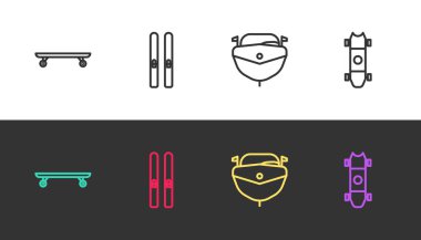 Çizgiyi çiz ya da kaykay, kayak ve sopalar, sürat teknesi ve siyah beyaz. Vektör