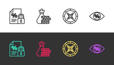 Finans belgesi ve kilit, para çantası madeni para, yüzde yüz siyah beyaz ile güvenli ve göz ayarlayın. Vektör