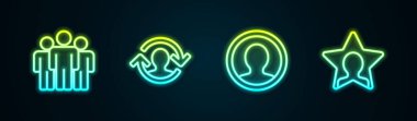 Kullanıcı grubunu, insan kaynaklarını, hesap ekranını ve kafa avcılığını ayarla. Parlayan neon ikonu. Vektör