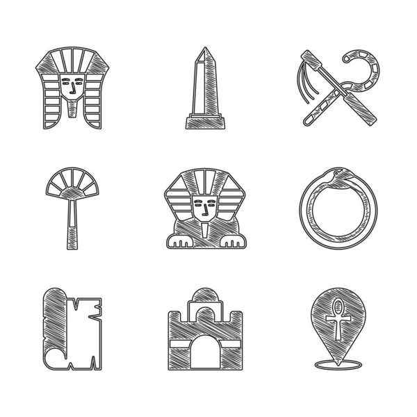 Set Esfinge Casa Egipcia Cross Ankh Símbolo Mágico Ouroboros Pergamino — Vector de stock