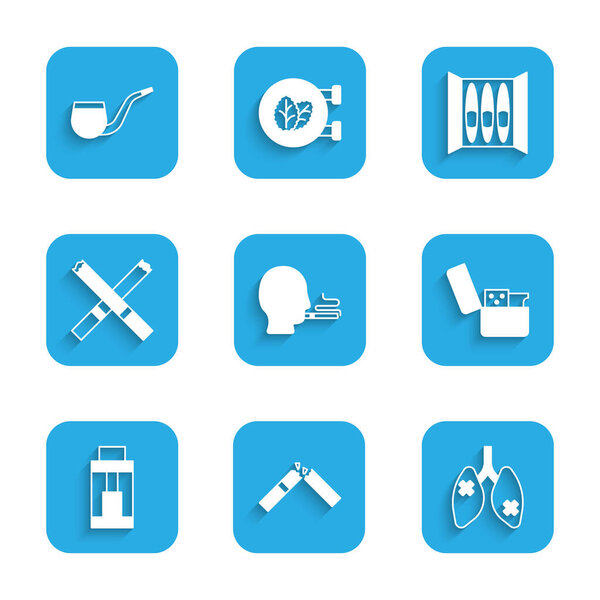 Set Man smoking a cigarette, Broken, Disease lungs, Lighter, Vape mod device, Cigarette,  and No pipe icon. Vector