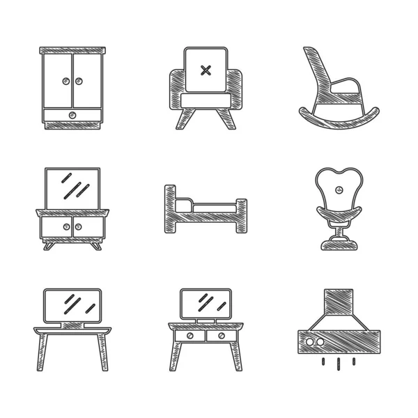 Set Bett Schminktisch Dunstabzugshaube Sessel Ständer Schaukel Und Kleiderschrank Symbol — Stockvektor