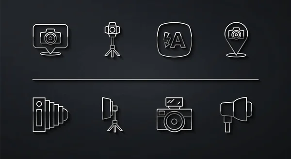 Set Line Photo Camera Flash Softbox Light Auto Icon Vector — Stock Vector