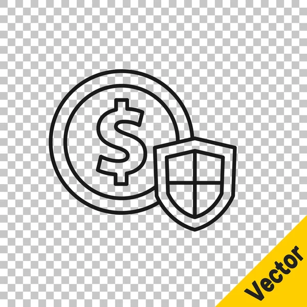 Black Line Money Shield Icon Isolated Transparent Background Insurance Concept — Stock Vector