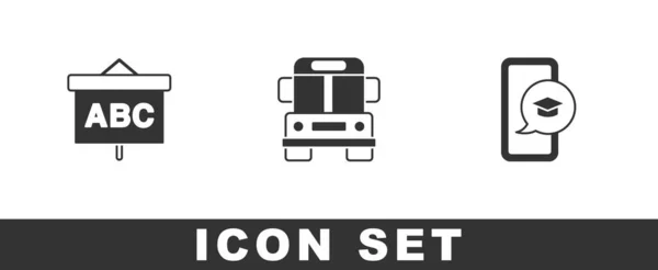 Set Chalkboard School Bus Graduation Cap Mobile Icon Vector — Stock Vector