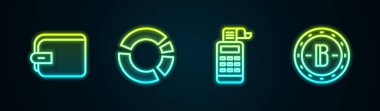 Cüzdan, pasta grafiği, hesap makinesi ve Bitcoin 'i ayarla. Parlayan neon ikonu. Vektör