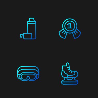 Çizgili patenler, kayak gözlükleri, termos kapları ve madalyalar. Renk simgeleri. Vektör