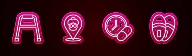 Set hattı Walker, huzurevi, ilaç hapı ya da tablet ve terlik. Parlayan neon ikonu. Vektör