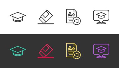 Mezuniyet kepi, silgi ya da kauçuk, Sınav kağıdında A + notu ve konuşma balonunda siyah beyaz olsun. Vektör