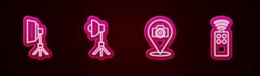 Satır Softbox ışığı, fotoğraf makinesi ve uzaktan kumanda için ayarla. Parlayan neon ikonu. Vektör