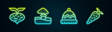 Sıra pancar, mantar, kış şapkası ve havuç. Parlayan neon ikonu. Vektör