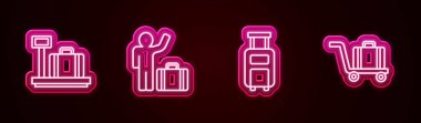 Sırayı bavul, turist, bavul ve valizle ayarla. Parlayan neon ikonu. Vektör