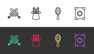 Orta çağ kılıcını, sihirbaz şapkasını ve tavşan kulaklarını, el aynasını ve Kadim büyü kitabını siyah ve beyaz üzerine çizdim. Vektör