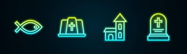 Hristiyan balık sembolü, Papa şapkası, kilise binası ve mezar taşlı mezar taşı. Parlayan neon ikonu. Vektör
