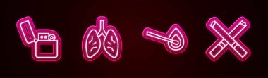 Çizgi çakmak, akciğerler, yanan kibrit, ateş ve sigara. Parlayan neon ikonu. Vektör