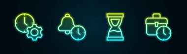 Hat zaman yönetimi, alarm saati, eski kum saati ve çalışma saati. Parlayan neon ikonu. Vektör