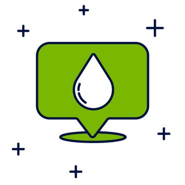 Beyaz arkaplanda izole edilmiş konum simgesiyle dolu ana hatlı su damlası. Vektör