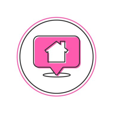 Beyaz arkaplanda izole edilmiş ev simgesiyle doldurulmuş harita göstergesi. Ev konumu belirleyici sembol. Vektör