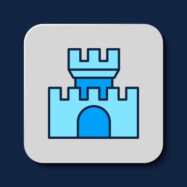 Doldurulmuş ana hat Castle simgesi mavi arkaplanda izole edildi. Kulesi olan bir ortaçağ kalesi. Düşmanlardan koruma. Şehrin güvenilirliği ve savunması. Vektör