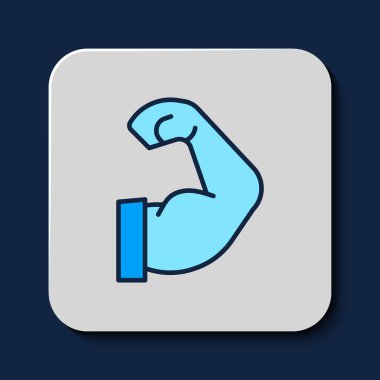 Filled outline Bodybuilder showing his muscles icon isolated on blue background. Fit fitness strength health hobby concept.  Vector