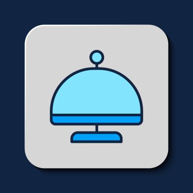 Filled outline Covered with a tray of food icon isolated on blue background. Tray and lid sign. Restaurant cloche with lid.  Vector